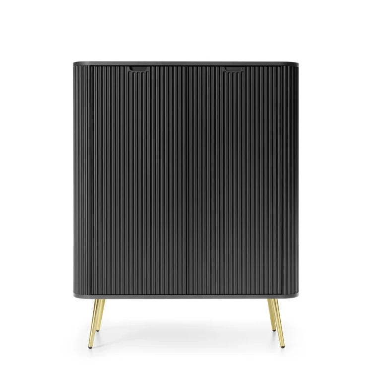 Wysoka komoda czarna Zova K103, widok z przodu, dwoje drzwiczek, frezowane fronty MDF, złote nóżki 23 cm, styl Total Black miniatura