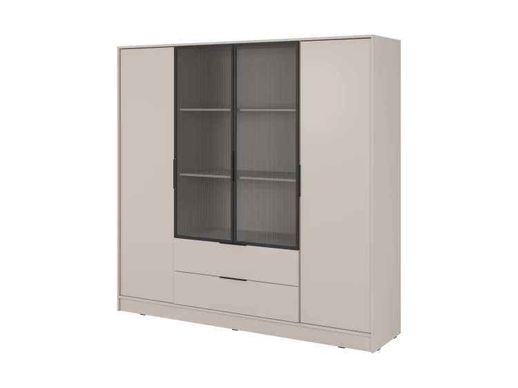 Szafa ubraniowa Kelly 4D RM beżowa kaszmir z półkami ujęcie pod kątem eksponujące ramki aluminium