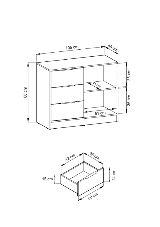 Schemat techniczny komody Nelly 2D z wymiarami: szerokość 105 cm, wysokość 86 cm, głębokość 45 cm