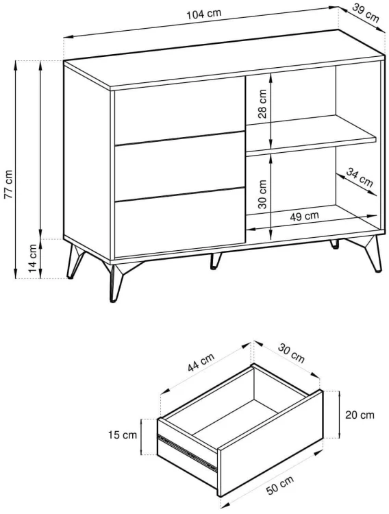 Schemat techniczny i wymiary komody Diamond KSZ104 szerokość 104 cm wysokość 77 cm
