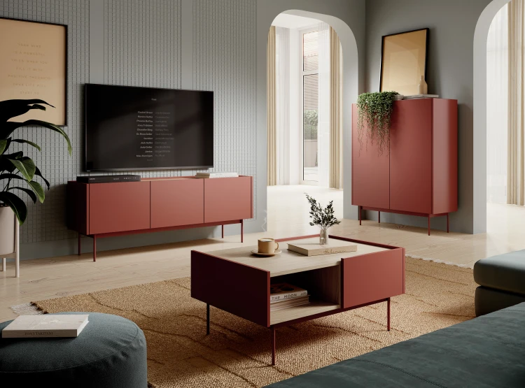 Nowoczesna szafka RTV Ceramic Red w stylowej aranżacji salonu w stylu loft