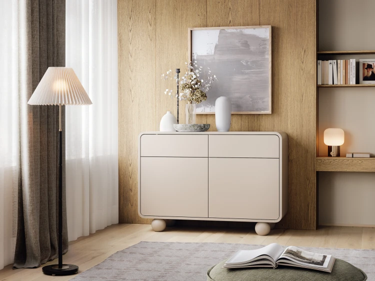 Elegancka kaszmirowa komoda Albion KSZ108 w aranżacji sypialni w stylu modern organic