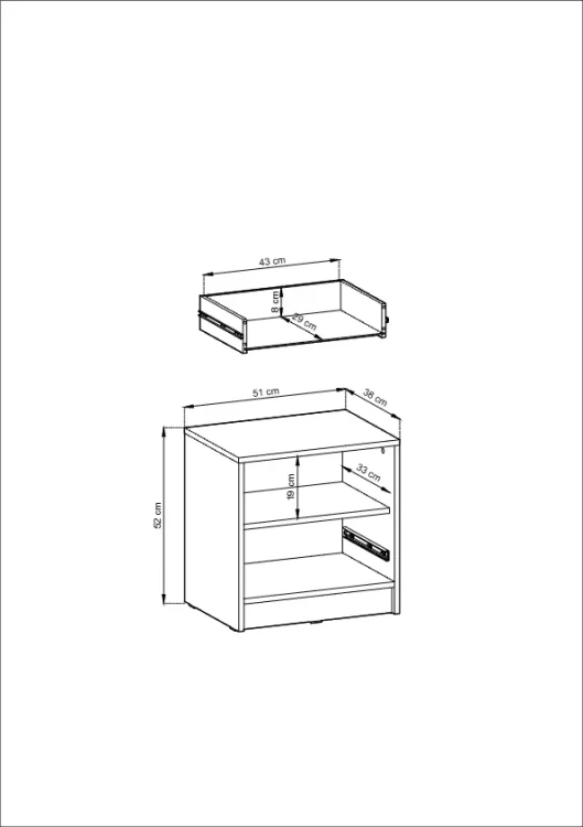 Schemat techniczny szafki nocnej Nelly z wymiarami: szerokość 51 cm, wysokość 52 cm, głębokość 38 cm.