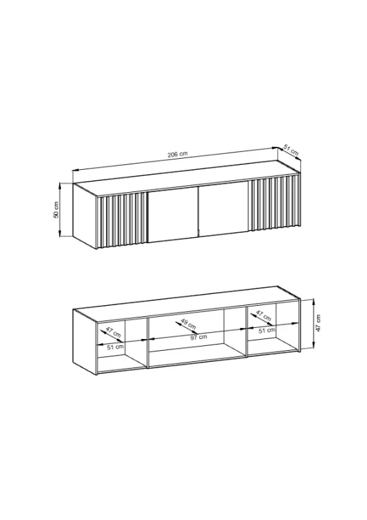 Schemat techniczny nadstawki Nelly 4D z wymiarami: szerokość 206 cm, wysokość 50 cm, głębokość 51 cm.
