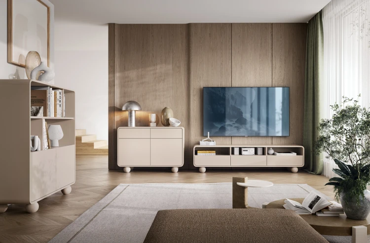 Szafka pod telewizor Albion 160 w aranżacji  nowoczesnym salonie pod ekranem TV styl modern organic