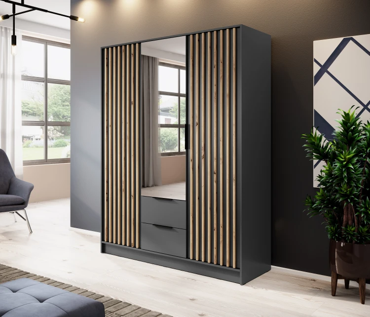 Grafitowa szafa Nelly 3D z lustrem w nowoczesnej sypialni – idealna kompozycja w stylu loft.