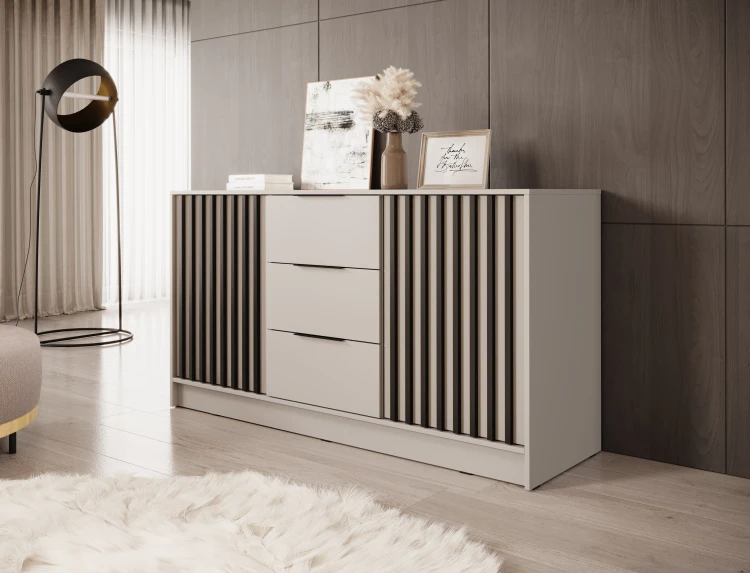 Kaszmirowa komoda Nelly 3D przy ścianie w minimalistycznym, jasnym wnętrzu.