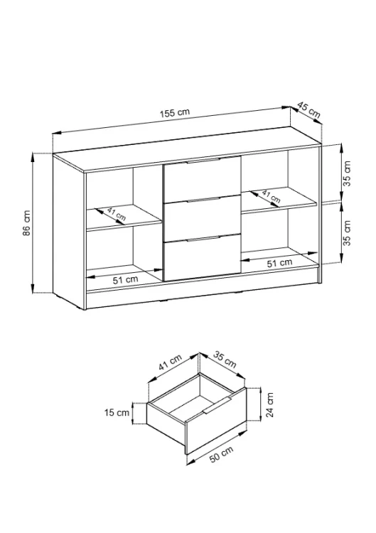 Schemat techniczny komody Nelly 3D z wymiarami: szerokość 155 cm, wysokość 86 cm, głębokość 45 cm.