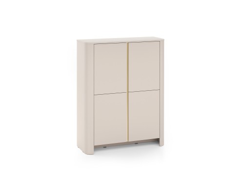 Komoda typu highboard Bari K103 kaszmir pod kątem prezentująca bezuchwytowe fronty