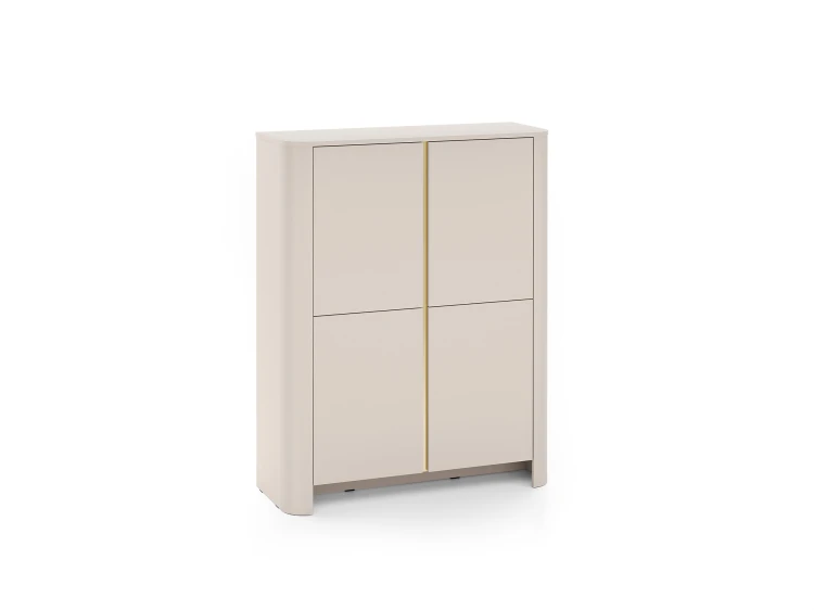 Komoda typu highboard Bari K103 kaszmir pod kątem prezentująca bezuchwytowe fronty