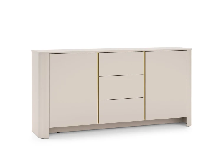 Komoda typu highboard Bari K103 kaszmir pod kątem prezentująca bezuchwytowe fronty