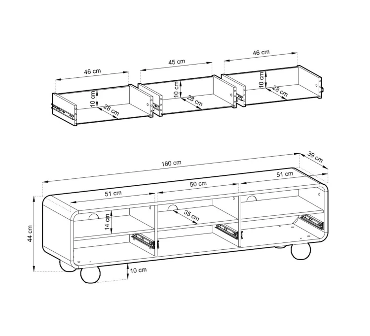 Schemat techniczny szafki RTV Albion 160 z wymiarami szerokość 160 cm wysokość 44 cm