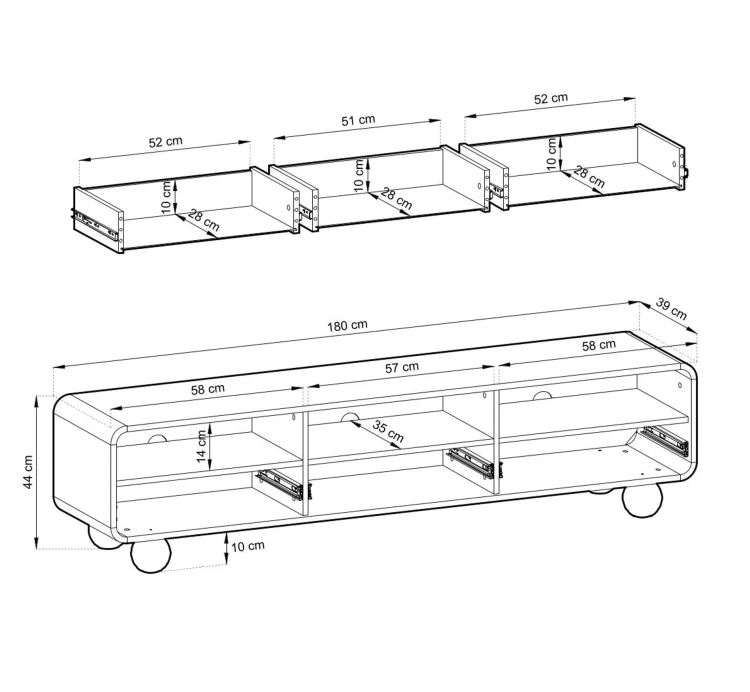 Schemat techniczny szafki RTV Albion 180 z wymiarami szerokość 180 cm wysokość 44 cm