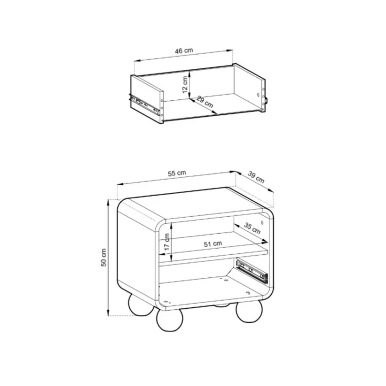 Schemat techniczny szafki nocnej Albion S55 z wymiarami: 55 cm szerokości na 50 cm wysokości