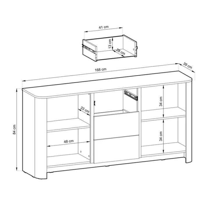 Schemat techniczny komody Bari KSZ168 wymiary szerokość 168 cm wysokość 84 cm głębokość 39 cm