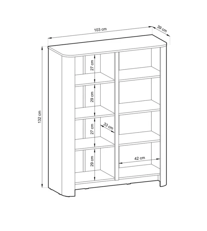 Schemat techniczny komody Bari K103 z wymiarami: szerokość 103 cm wysokość 132 cm
