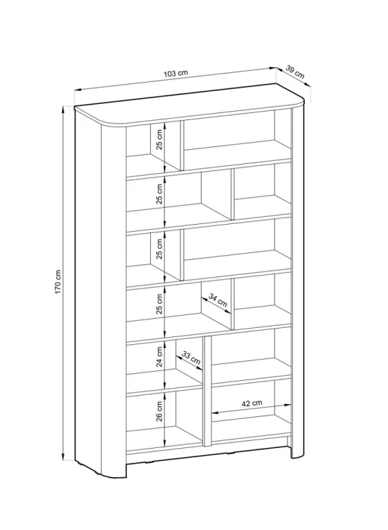 Schemat techniczny regału Bari RG103 z wymiarami: wysokość 170 cm szerokość 103 cm