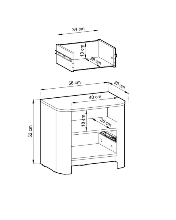 Schemat techniczny szafki nocnej Bari S58 z wymiarami: szerokość 58 cm wysokość 52 cm