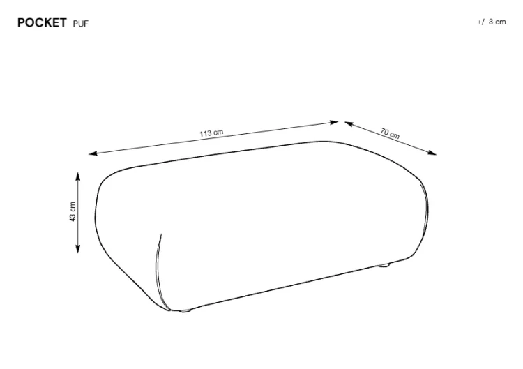 ysunek techniczny pufy Pocket z wymiarami: szerokość 113 cm, wysokość 43 cm, głębokość 70 cm.