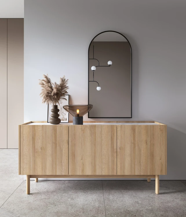 Komoda Boho K144/68 pod oknem w sypialni w stylu skandynawskim