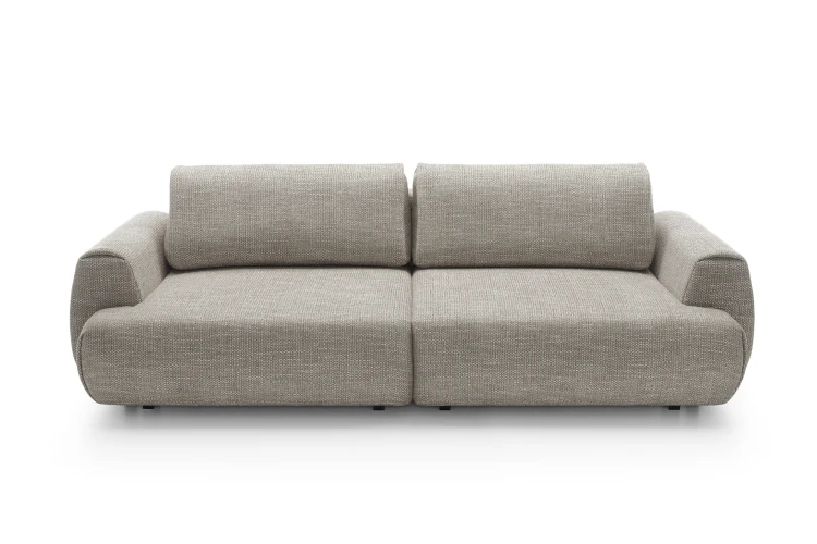 Frontowe ujęcie szarej sofy Pocket prezentujące zaoblone kształty i wysokość siedziska 43 cm.