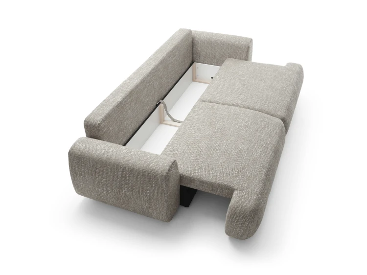 Sofa Pocket z wysuniętym siedziskiem ukazująca praktyczny pojemnik na pościel wewnątrz skrzyni.