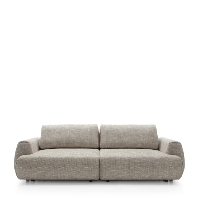 Nowoczesna sofa Pocket w szarej tkaninie Silencio 19 z dużymi miękkimi poduchami o szerokości 260 cm.