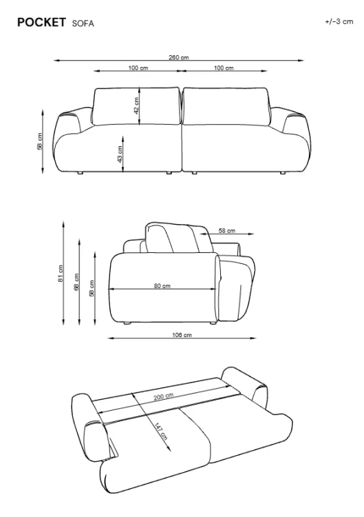 Rysunek techniczny sofy Pocket z naniesionymi wymiarami: 260 cm szerokości i 106 cm głębokości.