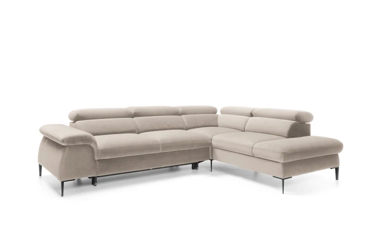Narożnik Blues L Beżowy widziany pod kątem, podkreślający głębokość 214 cm i eleganckie wykończenie boków.