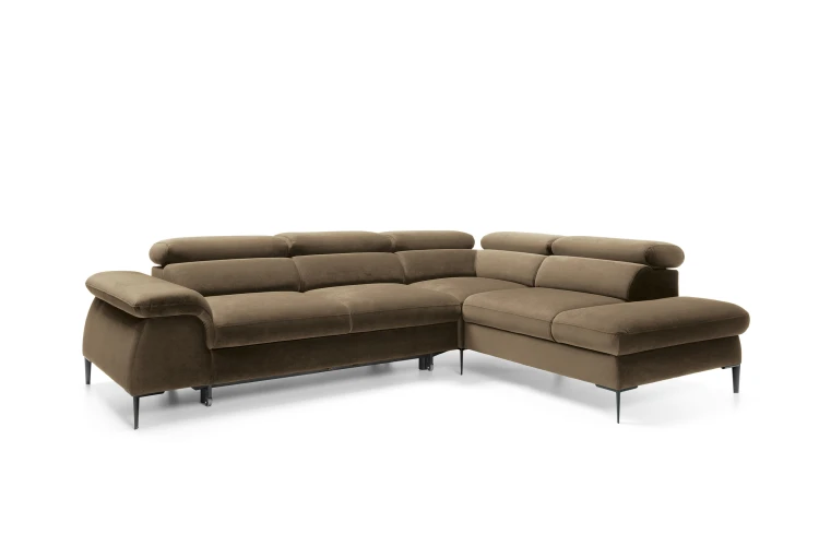 Narożnik Blues L Oliwkowy widziany pod kątem, podkreślający głębokość 214 cm i eleganckie wykończenie boków.