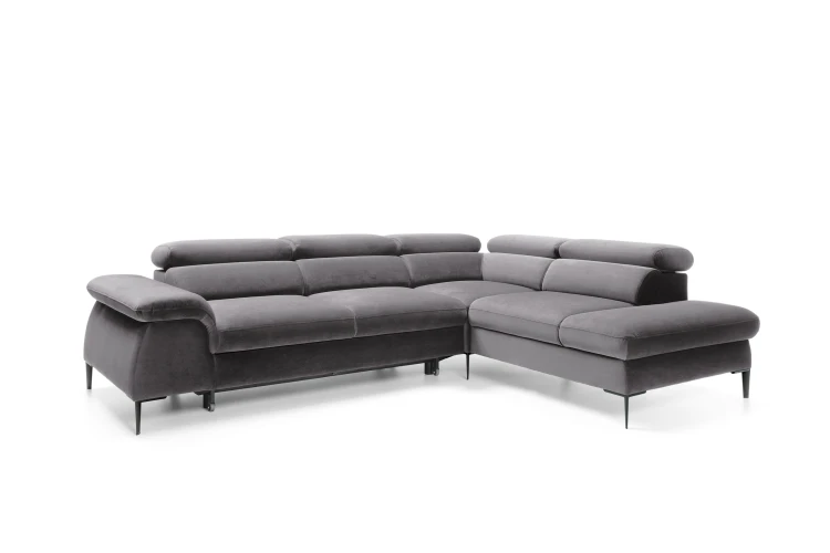 Narożnik Blues L Grafitowy widziany pod kątem, podkreślający głębokość 214 cm i eleganckie wykończenie boków.
