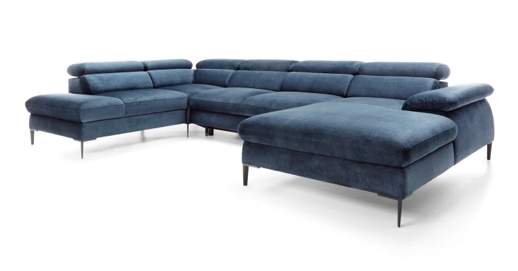 Narożnik Blues U2 Granatowy widziany pod kątem, prezentujący asymetryczne otomany o głębokościach 214 cm i 182 cm..jpg