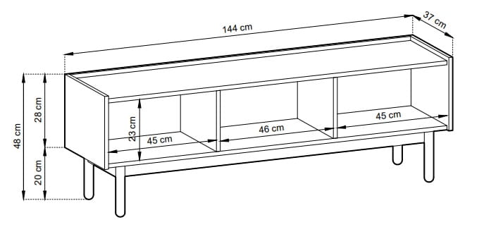 Rysunek techniczny szafki RTV Boho RTV144 – schemat z wymiarami: szerokość 144 cm.