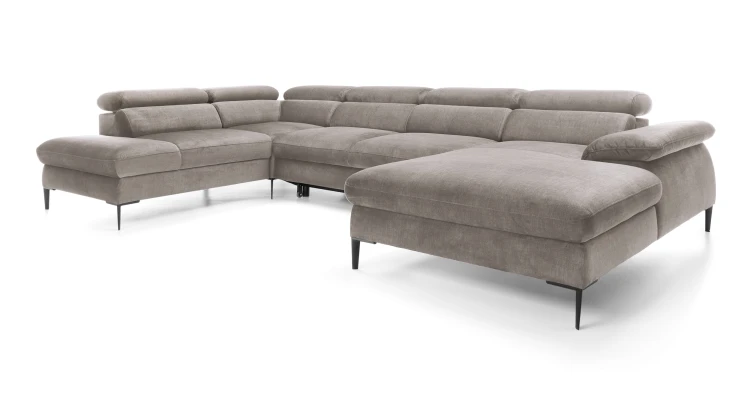Narożnik Blues U2 Szarobrązowy widziany pod kątem, prezentujący asymetryczne otomany o głębokościach 214 cm i 182 cm.