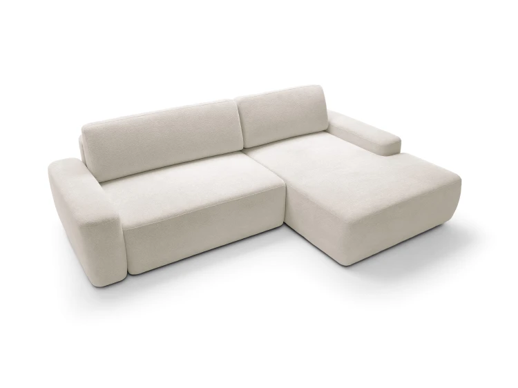 Perspektywa beżowego narożnika Bouli M ukazująca strukturę tkaniny Raven i płynne linie designu organic modern.