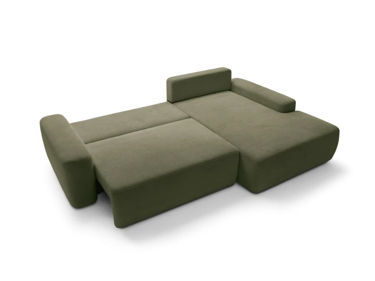 Oliwkowy narożnik Bouli M rozłożony do funkcji spania o powierzchni 210x134 cm z systemem SMART.