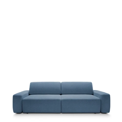 Designerska granatowa sofa Bouli w tkaninie Raven 86 o obłym kształcie i szerokości 257 cm.