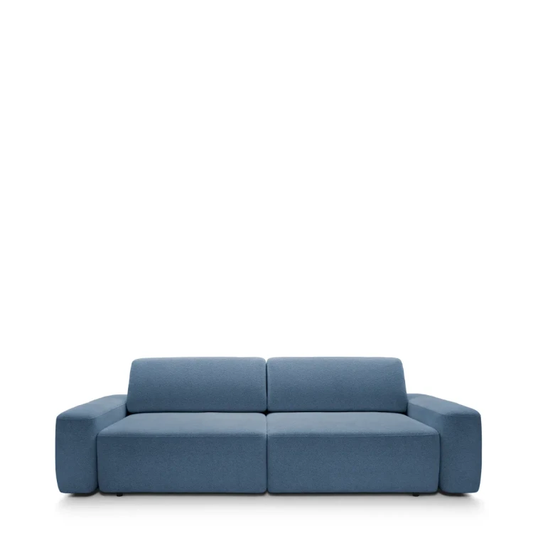 Designerska granatowa sofa Bouli w tkaninie Raven 86 o obłym kształcie i szerokości 257 cm.