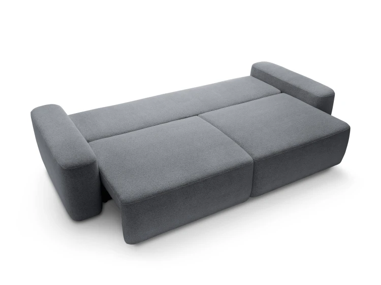 Grafitowa sofa Bouli rozłożona do funkcji spania o powierzchni 136x200 cm z widocznym systemem SMART.