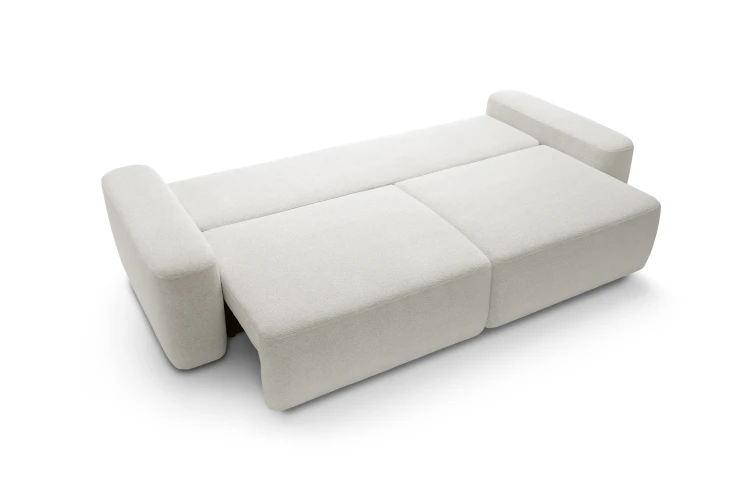 Kremowa sofa Bouli rozłożona do funkcji spania o powierzchni 136x200 cm z systemem SMART.