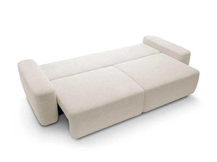 Beżowa sofa Bouli rozłożona do funkcji spania o wymiarach 136x200 cm z widocznym systemem SMART.