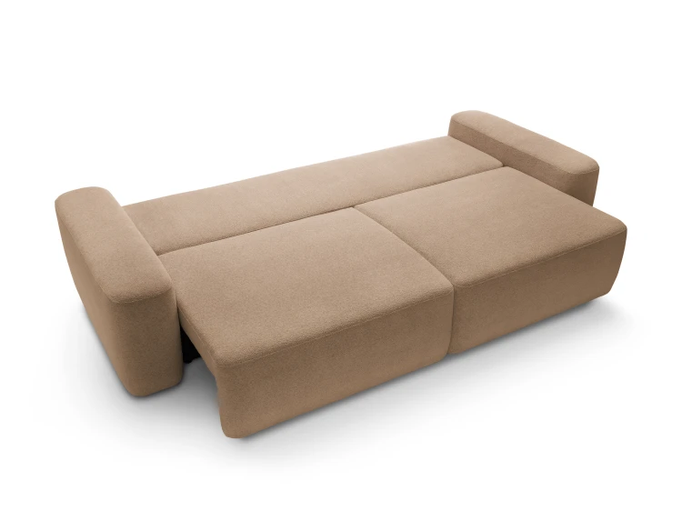 Brązowa sofa Bouli rozłożona do funkcji spania o wymiarach 136x200 cm z systemem SMART.