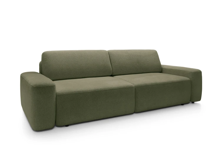 Sofa Bouli Raven 78 Oliwkowa widziana pod kątem, ukazująca głębokość 105 cm i zaokrąglone boki.