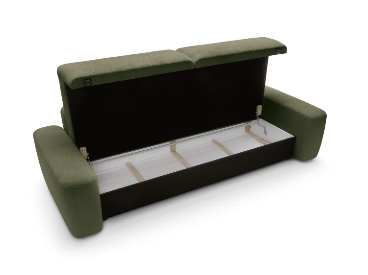 Sofa Bouli z uniesionym siedziskiem ukazująca praktyczny schowek na pościel.
