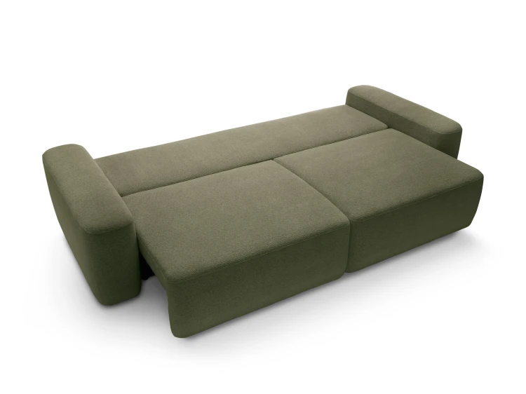 Oliwkowa sofa Bouli rozłożona do funkcji spania o wymiarach 136x200 cm z widocznym systemem SMART.