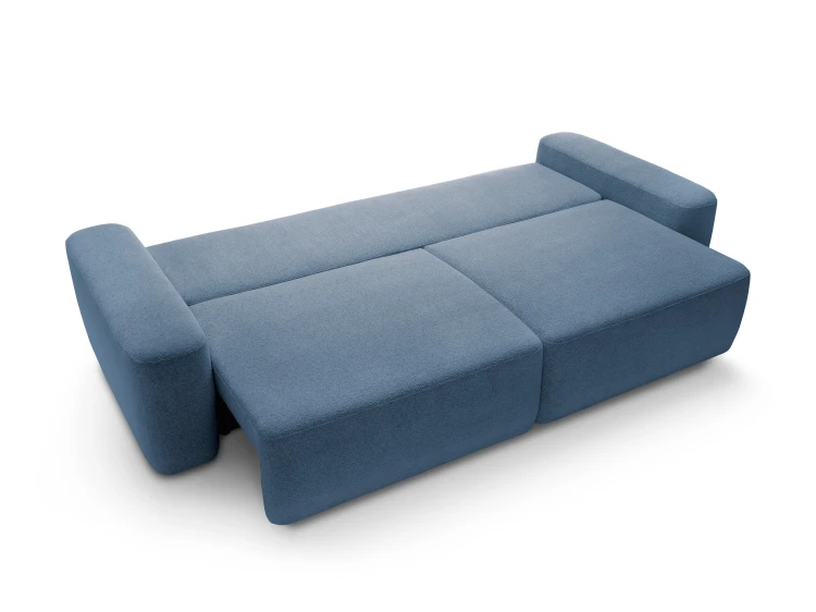 Granatowa sofa Bouli rozłożona do funkcji spania o powierzchni 136x200 cm z widocznym systemem SMART.