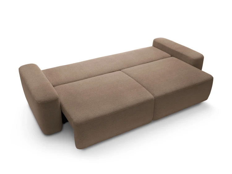 Czekoladowa sofa Bouli rozłożona do funkcji spania o powierzchni 136x200 cm z widocznym systemem SMART.