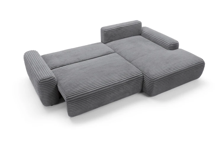 Antracytowy narożnik Cord rozłożony do funkcji spania o szerokości powierzchni nocnej 123 cm.