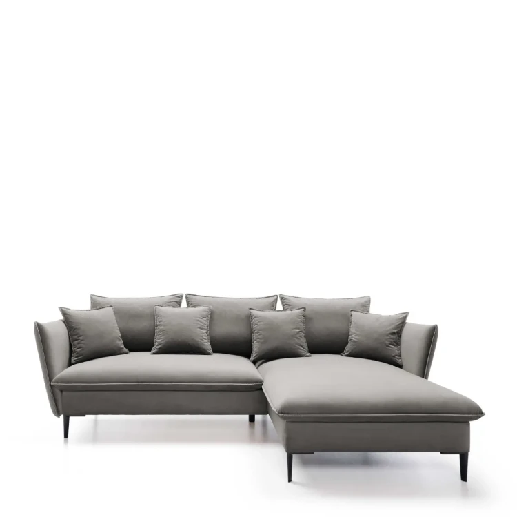 Nowoczesny szary narożnik Gloss o szerokości 258 cm w luksusowej tkaninie velvetowej Riviera 91.