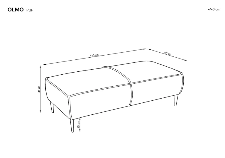 Rysunek techniczny pufa Olmo z naniesionymi wymiarami: 140 cm szerokości, 65 cm głębokości i 44 cm wysokości.
